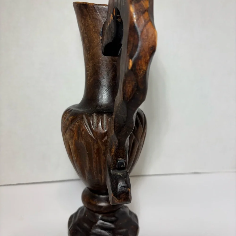 Handcrafted Carved Wood Pitcher Vase with Handle VTG 10” Spain 1960’s